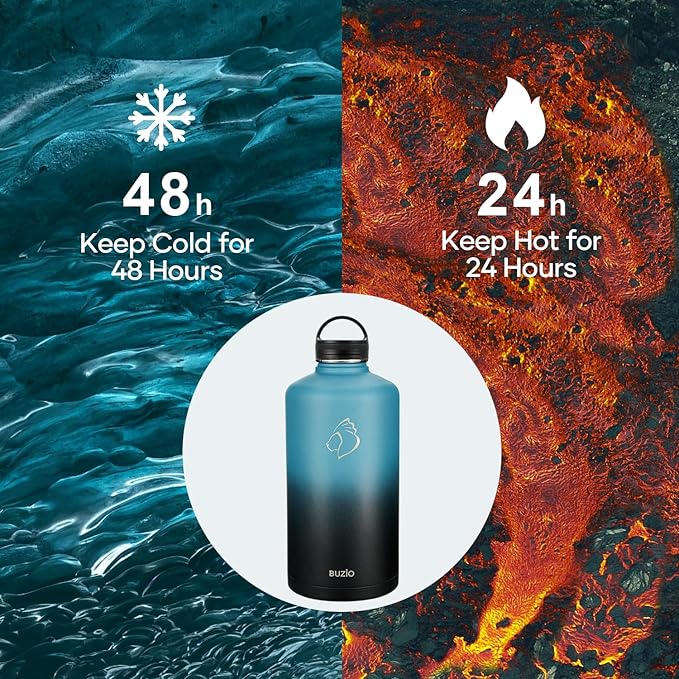 BUZIO Gallon Water Bottle Insulated with straw and 3 lids, 128 oz Water Jug Large Vacuum Stainless Steel Metal Flask, Leak Proof & BPA-Free, Cold for 48 Hrs, Indigo Crush