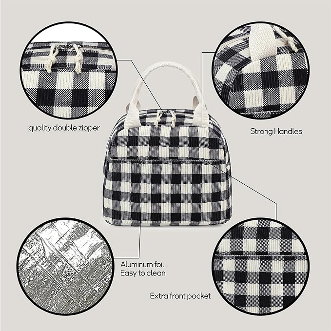 BTOOP Lunch Box for Women Men Cute Corduroy Lunch Bags Large Capacity Insulated Lunch Tote Bag For Work Travel Or Picnic (Black-White-Grey Checkered)