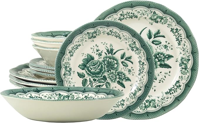 TUDOR ROYAL 12-Piece Porcelain Round Dinnerware Set, Service for 4, VICTORIA Green Design, Blue Floral, Plates Bowls Dishes, Premium Quality Tableware, Unique Pattern, Glossy
