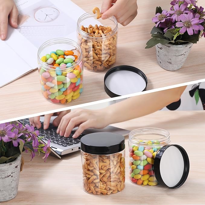 Plastic Jars with Lids,Airtight Container Ideal For Dry Food, Honey Jam, Peanut Butter,Cosmetics, Cream, Bathroom and Storage Included Extra Label and A Pen (30 PCS Black Lids)