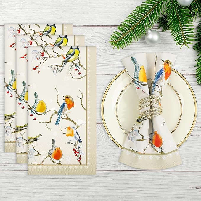 Winter Birds Napkins, 18×18 Inch Vintage Dinner Cloth Napkins Set of 6, Washable Cotton Soft Absorbent Square Napkins for Dining Kitchen Party Wedding Decoration