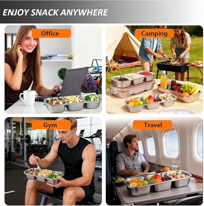 3 Pack Stainless Steel Snack Containers with Lids, Leakproof Lunch Box Containers, Reusable 3 Compartment Snackle Box, Grab and Go lunchable container for Travel