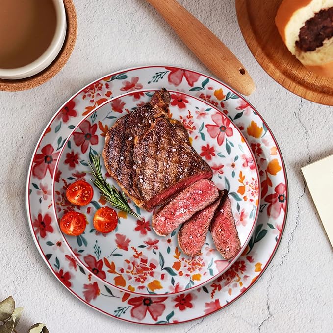 Porcelain Floral Plates 8 Inches &10 Inches Set of 4 Total, Ceramic Dessert Plate, Appetizer Salad Plate Set, Dinnerware Dinner Plates for Kitchen, Cake Snacks