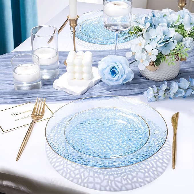 Rubtlamp 100 Pcs Blue And Gold Plastic Plates - 10 inch Clear Blue Gold Dinner Plates - Hammer Pattern Design - Fancy Disposable Plates - Heavy-Duty Party Plate for All Occasions