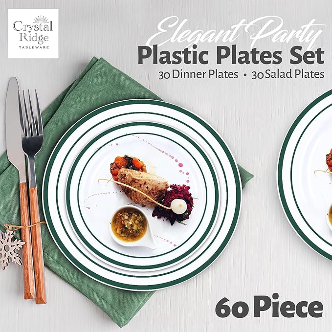 60 Pieces White Plastic Disposable Plates - Premium Heavy-Duty 30 Dinner Plates & 30 Salad Plates with Hunter Green Rim Ideal for Party, Birthday and Special Events