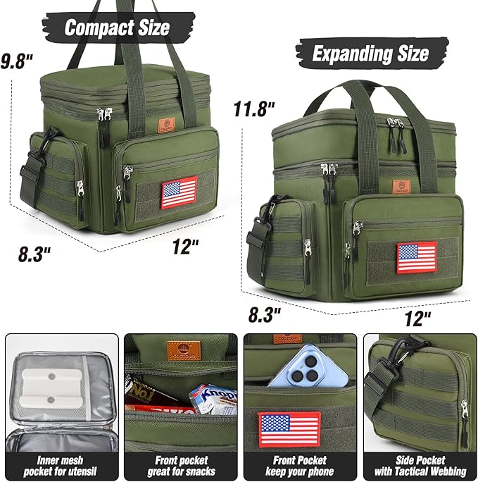 Tactical Lunch Box for Men, Expandable Heavy Duty Double Deck Tactical Lunch Bag with Shoulder Strap, Leakproof & Insulated Lunch Cooler Bag for Adult Work Fishing Picnic Travel,20L Dark Green