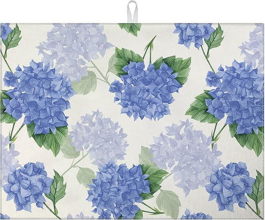 Blue Hydrangea Dish Drying Mat for Kitchen Counter Spring Floral Drying Pad Absorbent Reversible Dish Drainer Rack Mats Draining Pad 18"x24"Inch