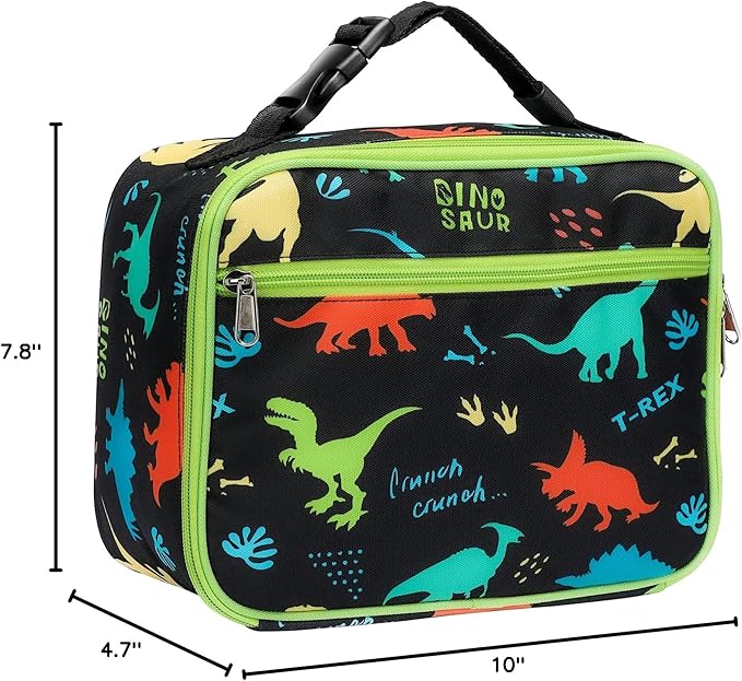 Bagseri Kids Lunch Bag Boys - Kids Lunch Box for Boys Reusable and Insulated Lunch Bag Toddler Lunch Box for Daycare and School, Black Dinosaur (Water Bottle Not Included)