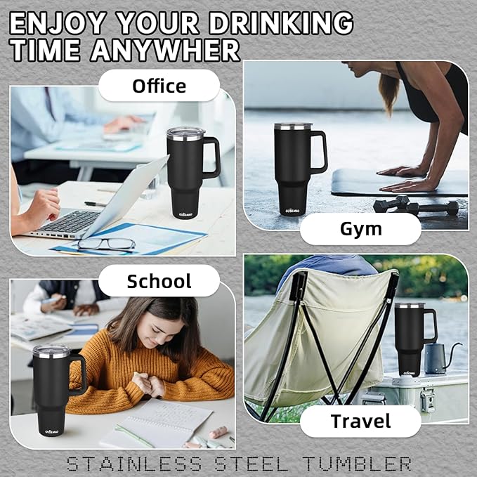 40 oz Insulated Coffee Mug with Ceramic Coating, Stainless Steel Travel Coffee Tumbler with Handle Lid and Straw, Double Wall Leak-Proof Coffee Travel Mug Keeps Drink Hot and Cold (Black)