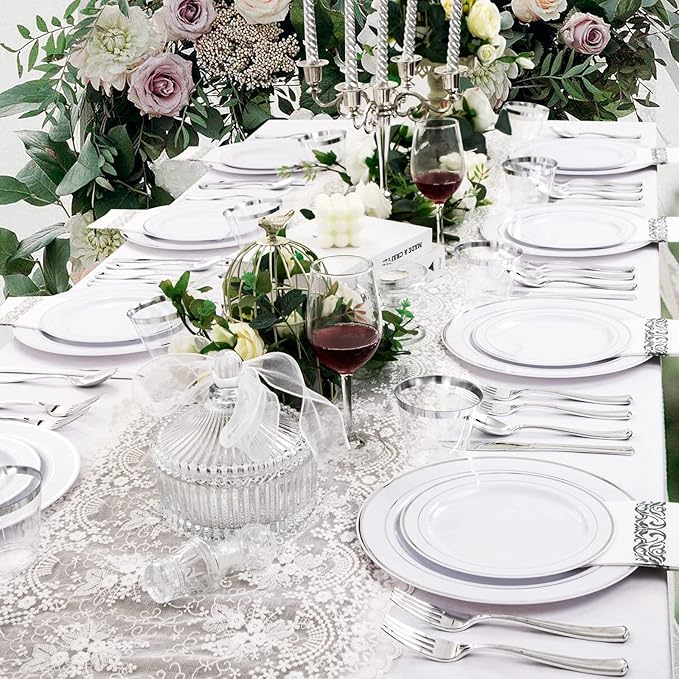 bUCLA 350PCS Silver Plastic Dinnerware Set for 50 Guests - Silver Plates Disposable Include 50 Dinner & 50 Dessert Plates,50 Forks,50 Knives,50 Spoons,50 Cups,50 Napkins for Party & Christmas