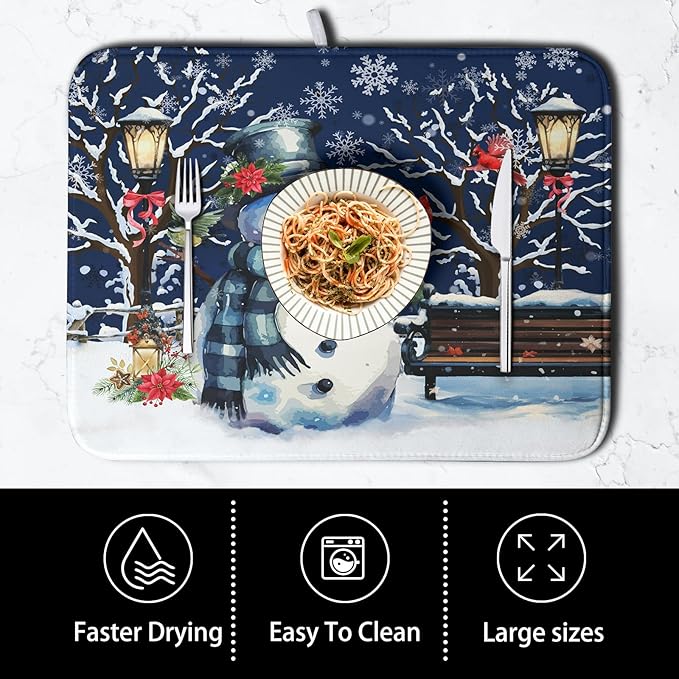 Winter Snowman Dish Drying Mat for Kitchen Counter 18x24, Xmas Snowflakes Dish Drainer Mat Snowy Night Drying Kitchen Mats Cardinal Birld Dish Pad Absorbent Reversible Coffee Mats for Dishes