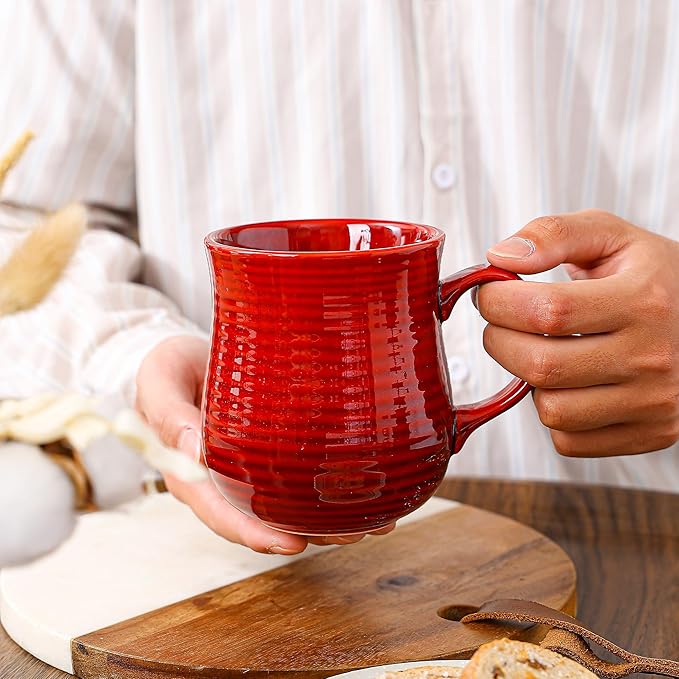 21 oz Large Ceramic Coffee Mugs, Pottery Mug Handmade, Ceramic Tea Cups with Handle for Office and Home, Dishwasher and Microwave Safe (Red)