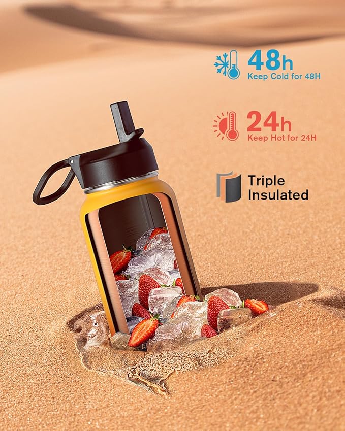 Water Bottle 32 oz Insulated with Straw, Coolflask Stainless Steel Metal 3 Lids Water Flask Wide Mouth for Sports or Office, Non-BPA Keep Cold Up to 48 Hrs or Hot Up to 24 Hrs, Ombre Yellow/Orange