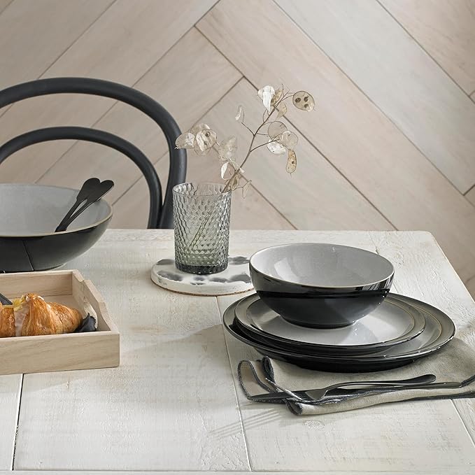 Denby - Elements Black 3 Piece Set For 1 - Contemporary One Person Ceramic Tableware - Dishwasher & Microwave Safe, Scratch Resistant Stoneware - Includes 1 x Large Plate, Side Plate & Cereal Bowl
