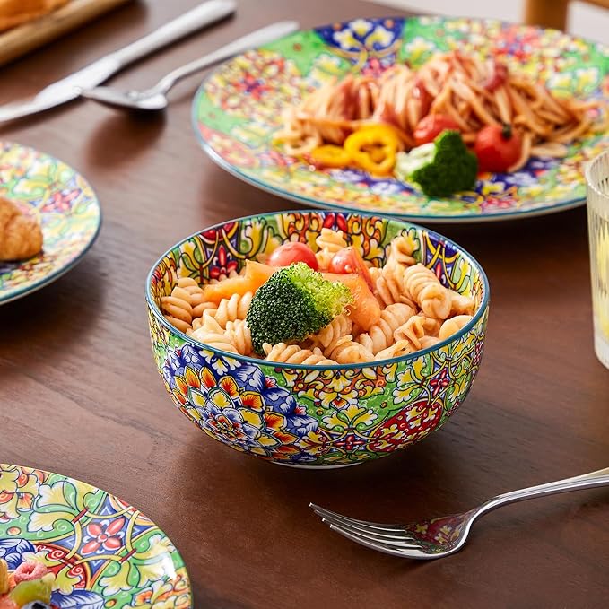 vancasso 12 Pieces Dinnerware Sets, Green Plates and Bowls Set, Porcelain Dishes Set for 4, Microwave and Dishwasher Safe, Scratch Resistant, Bohemian Style Dining Ware Service for 4, Series SIMI