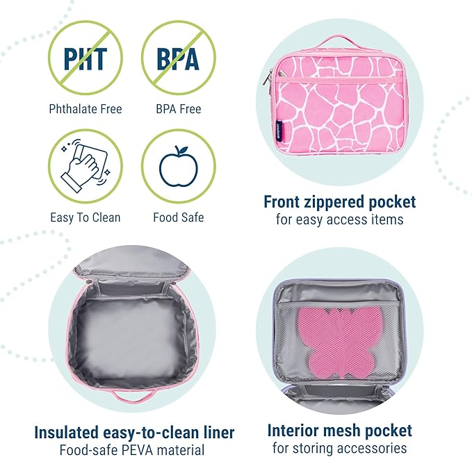 Wildkin Kids Insulated Lunch Box – Durable and Reusable for School & Travel - Pink Giraffe