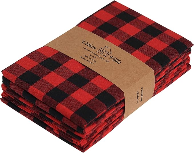 Urban Villa Buffalo Checks Kitchen Towels Set of 6 - Red/Black - 20x30 Inches - 100% Cotton - Highly Absorbent - Premium Quality - Ultra Soft - Mitered Corners