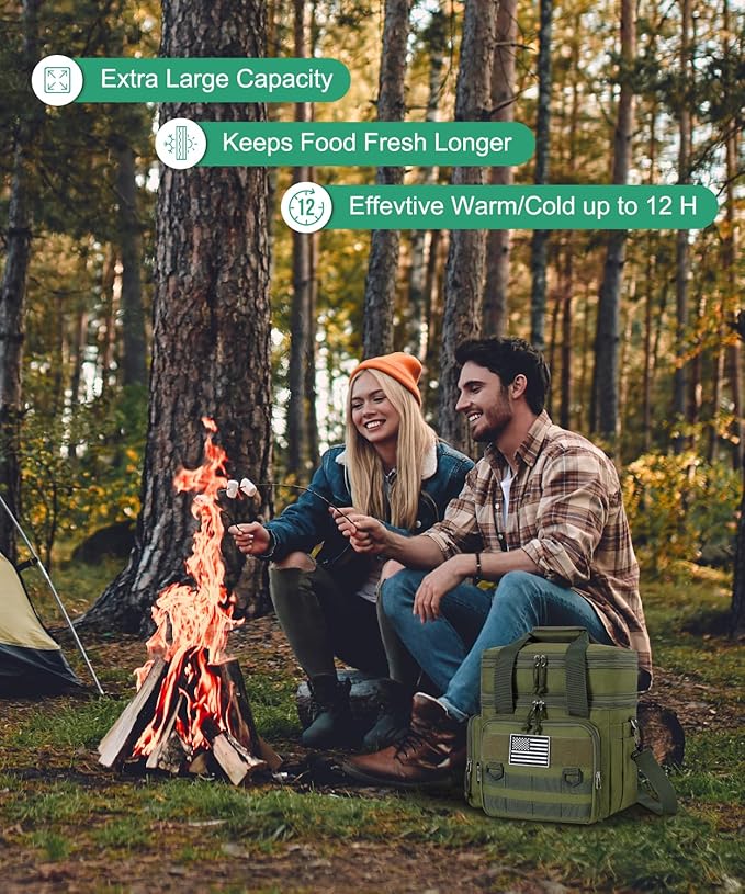 Tactical Lunch Box for Men, Expandable Large Insulated Lunch Bag for Adult, Heavy Duty Double Deck Lunch Cooler Bag with Shoulder Strap, Leakproof Soft Lunch Pail with American Flag - Green