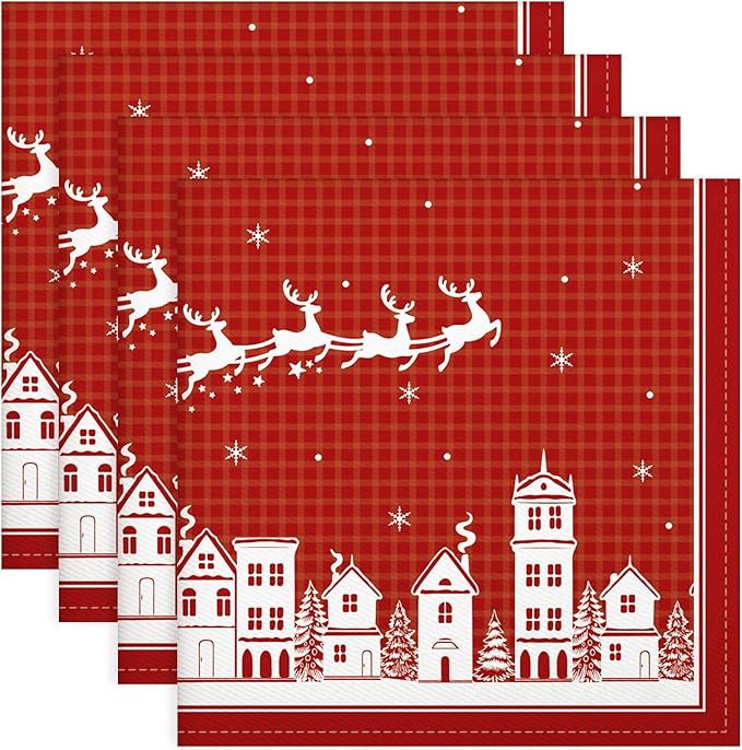 Christmas Deer Napkins, 18×18 Inch Santa Dinner Cloth Napkins Set of 4, Washable Cotton Soft Absorbent Square Napkins for Dining Kitchen Party Wedding Decoration