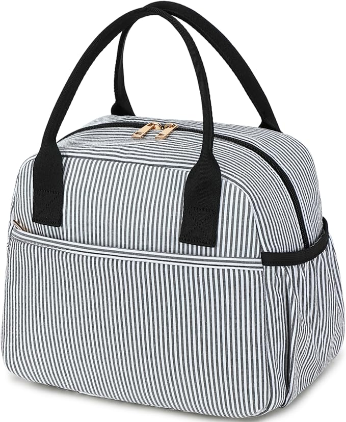 CAMTOP Lunch Box for Women Men Insulated Lunch Bag Lunch Tote Bag Leakproof Thermal Cooler Large Capacity for Travel Work School Picnic (Black white stripes)