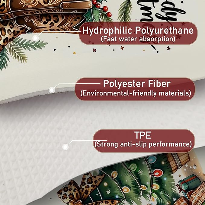 Western Christmas Tree Dish Drying Mat, Leopard Bow Cowgirl Christmas Coffee Bar Mat for Countertops, Holiday Xmas Absorbent Dish Drying Mats for Kitchen Counter Coffee Maker, 16x24 Inch