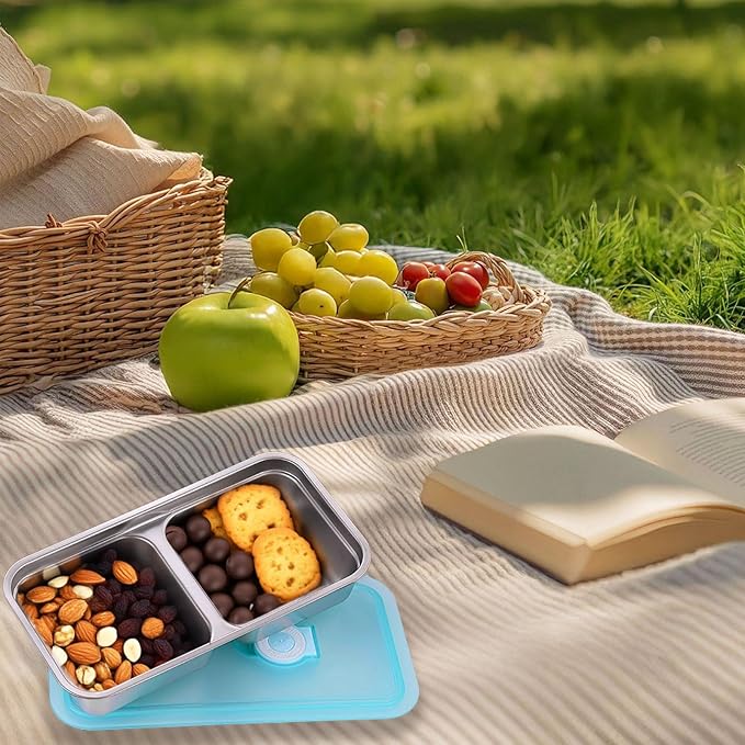 2pcs Grab and Go Snack Containers Stainless Steel, Reusable Snack Condiment Containers with Lids, Double Compartment Food Lunch Meal Container Prep for Travel, Small Packs Container