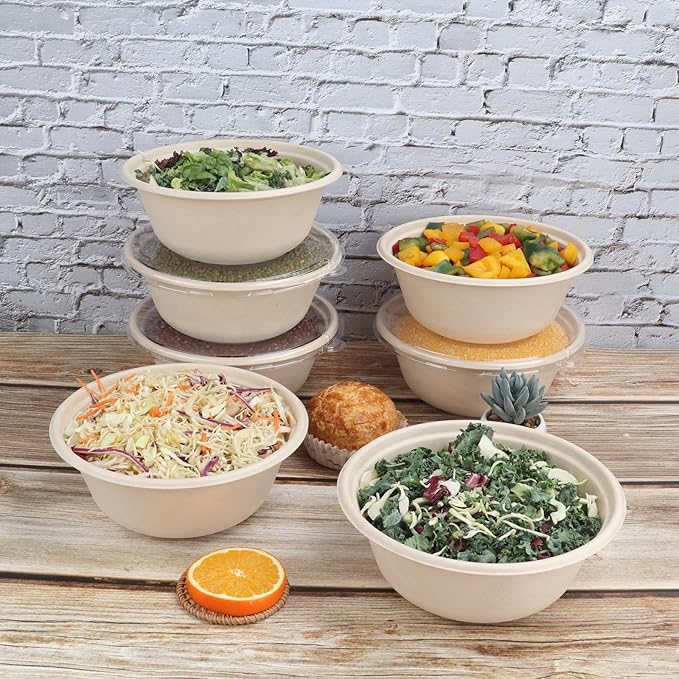 40 oz Disposable salad bowls with lids,Sugarcane Paper Bowls take away food containers Plant Fibers Freezer Safe 25 Pack