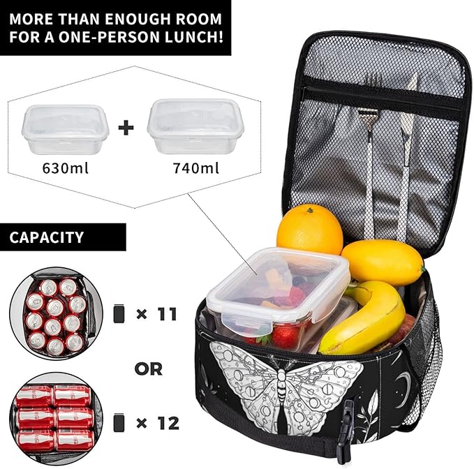 SUPLUCHOM Lunch Box Girl Black White Butterfly Moon Tarot Insulated Bag Reusable with Side Pocket for Work School Picnic Hiking Daytrip Kid Women Over 3 Years Old