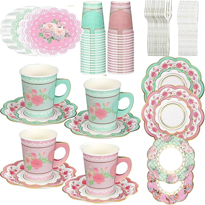 168 Pcs Floral Paper Tea Cups and Saucers Set, Severs Disposable Tea Party Supplies 6 Inch Plate, Saucer, Napkin, Paper Tea Cups with Handle for Tea Party Decorations
