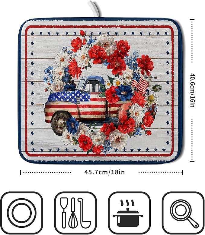 American Flag Dish Drainer Mat Flowers Absorbent Dish Rack Pad for Kitchen Coffee Bar Sinks