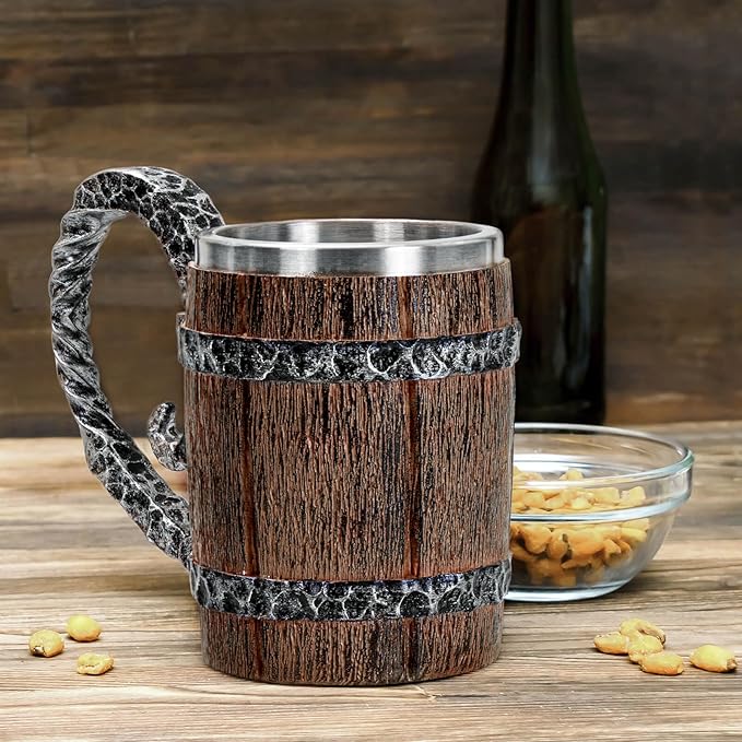 Vintage Wooden Beer Mug, Viking Barrel Design with Stainless Steel Interior Faux Oak Tankard Cup 17oz, Great Gift Idea for Men