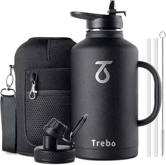 Trebo 64 oz Water Bottle Insulated with Handle, Half Gallon Stainless Steel Metal Large Water Jug, Travel Flask with Straw Spout Lid, Wide Mouth Mug with Carry Pouch, Keep Cold Hot, Black