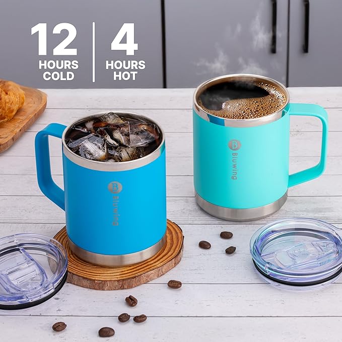 Stainless Steel Mug with Handle-Double Wall Insulated Camping Coffee Mug Stainless Steel Travel Tumbler Cup for Camping, Office, Home, Sweat Proof (Sky Blue)