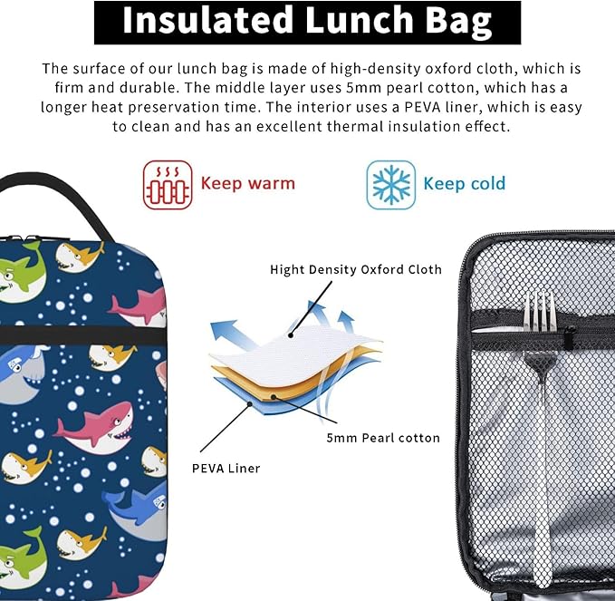 Sharks Lunch Box for Boys Girls Kids Insulated Reusable Lunchbox Lightweight Bubble Shark Lunch Tote Bag for School Work Travel Picnic Camping Beach