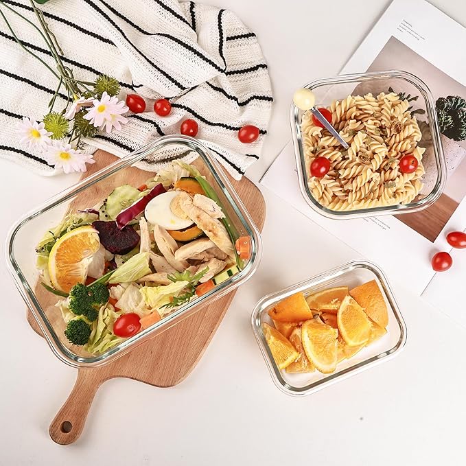 Wells Glass Meal Prep Containers, 8 Pack Glass Food Storage Containers Set with Airtight Locking Lids for Lunch, Fridge, Freezer, Dishwasher Safe, BPA-Free, Clear