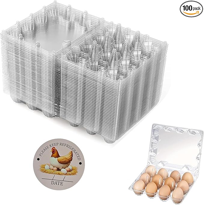 100 Packs Egg Cartons, 3 * 4 Grids Plastic Clear Egg Trays for 12 Eggs, Reusable and Durable, Egg Container Holder with Date Label for Family, Storage, Chicken Farm, Market, Transport