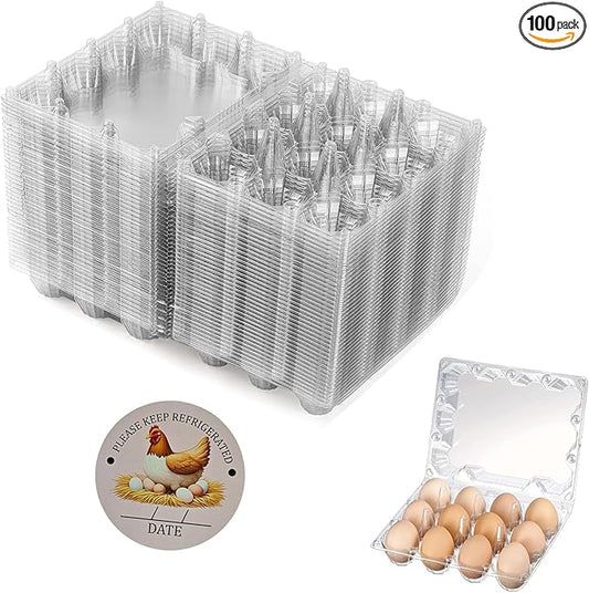 100 Packs Egg Cartons, 3 * 4 Grids Plastic Clear Egg Trays for 12 Eggs, Reusable and Durable, Egg Container Holder with Date Label for Family, Storage, Chicken Farm, Market, Transport
