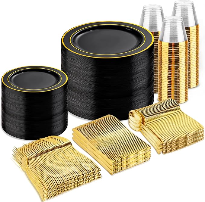 bUCLA 600PCS Black and Gold Disposable Dinnerware Set - Black Plastic Plates Disposable for Party Include 100 Dinner&100 Dessert Plates,100 Knives,100 Forks,100 Spoons,100 Cups for Party & Halloween