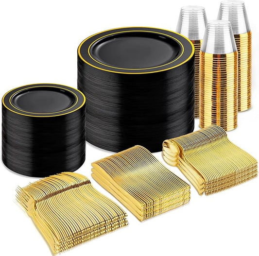 bUCLA 600PCS Black and Gold Disposable Dinnerware Set - Black Plastic Plates Disposable for Party Include 100 Dinner&100 Dessert Plates,100 Knives,100 Forks,100 Spoons,100 Cups for Party & Halloween