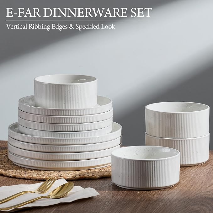 E-far 16 Piece Dinnerware Sets, Plates and Bowls with Pasta Bowls Service for 4, Modern Stoneware Ribbed Dishes for Kitchen Dining, Microwave & Dishwasher Safe, Speckled White