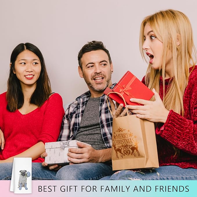 Blue Chinoiserie Hydrangea Pug Dog Kitchen Towels, Pug Lover Gifts Dish Tea Towels for Kitchen Decor, Dog Lovers Mom Gifts Decorative Hand Towel for Bathroom, 16x24 Inch