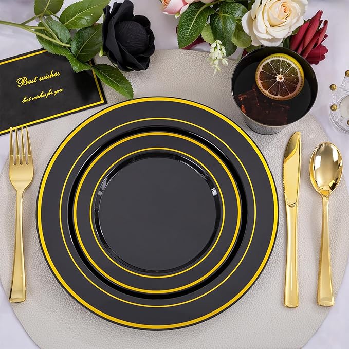WELLIFE 600 PCS Black and Gold Disposable Dinnerware Set for 100 Guests, Gold rimmed Plastic Dinner Plates,Salad Plates,Cups,Silverware Set for Party Supplies and Halloween Party