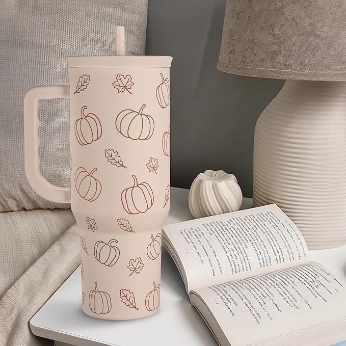 Pumpkin Tumbler with Handle and Straw 40oz – Stainless Sleel Slider Tumbler Travel Coffee Mug for Women - Gift Idea for Fall Autumn Halloween