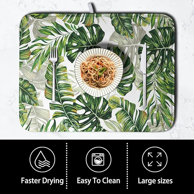 Tropical Palm Leaves Dish Drying Mat for Kitchen Counter 18x24 Inch, Green Monstera Kitchen Drying Mat,Watercolor Herbs Dishes Pad Dish Drainer Rack Mats Absorbent Fast Dry Kitchen Accessories