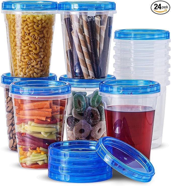 RFAQK 24 PCS Freezer Storage Containers with Lids-12 Plastic 32 oz Deli Containers with 12 Screw Lids-Freezer Containers for Soup with Twist Top Lids-Reusable Plastic Box for Lunch, Gym, Travel