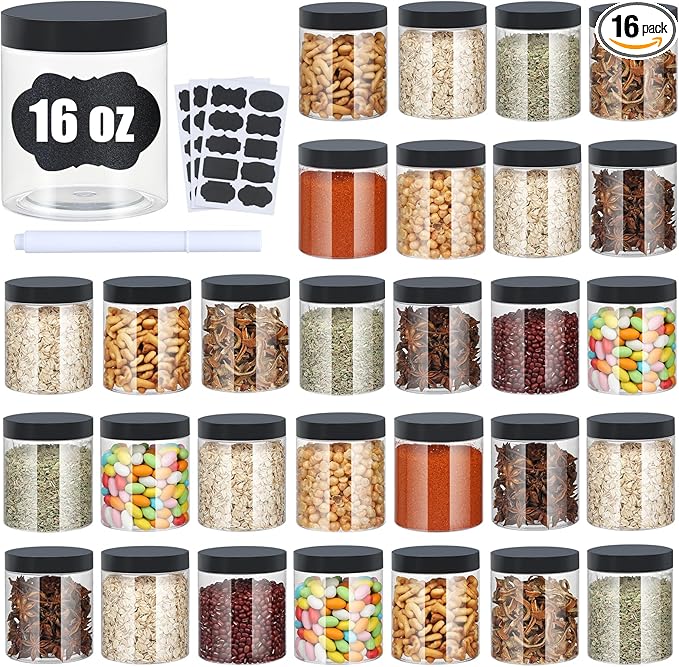 Plastic Jars with Lids,Airtight Container Ideal For Dry Food, Honey Jam, Peanut Butter,Cosmetics, Cream, Bathroom and Storage Included Extra Label and A Pen (30 PCS Black Lids)