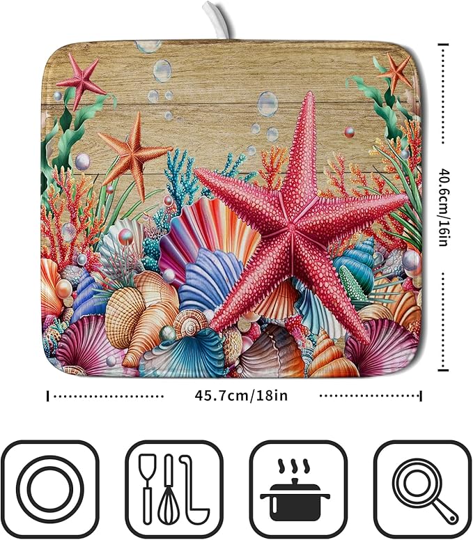 Summer Ocean Dish Drying Mat - Starfish Seashells Absorbent Kitchen Countertop Drying Pad 16 X 18 Inch