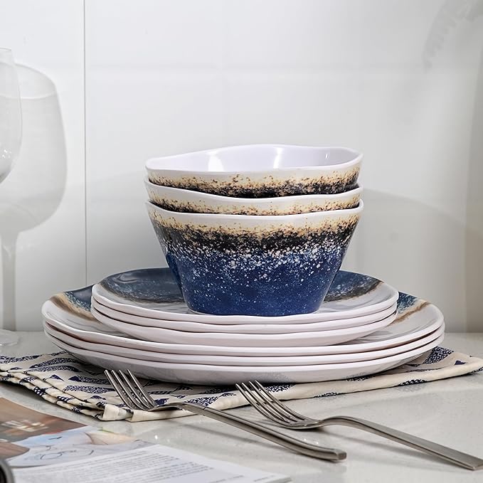 12 Piece Melamine Dinnerware Sets for 4,Unbreakable and Lightweight Plates and Bowls Sets for Camping, Chip and Scratch Resistant,Ideal for RV,Cobalt Blue and White