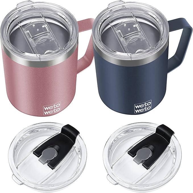 WETOWETO 14 oz Coffee Mug, Vacuum Insulated Camping Mug with Lid, Double Wall Stainless Steel Travel Tumbler Cup, Coffee Mugs Outdoor, Navy Blue & Rose Gold 2 Packs