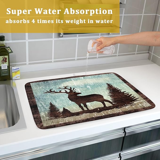 Retro Deer Forest Cabin Silhouette Dish Drying Mat Countertop 18x24 Fall Blue Sky Cloud Cartoon Elk Wild Animal Bushes Drainer Mat Pine Tree Grass Dishes Pad Rustic Moose Dish Drainer Rack